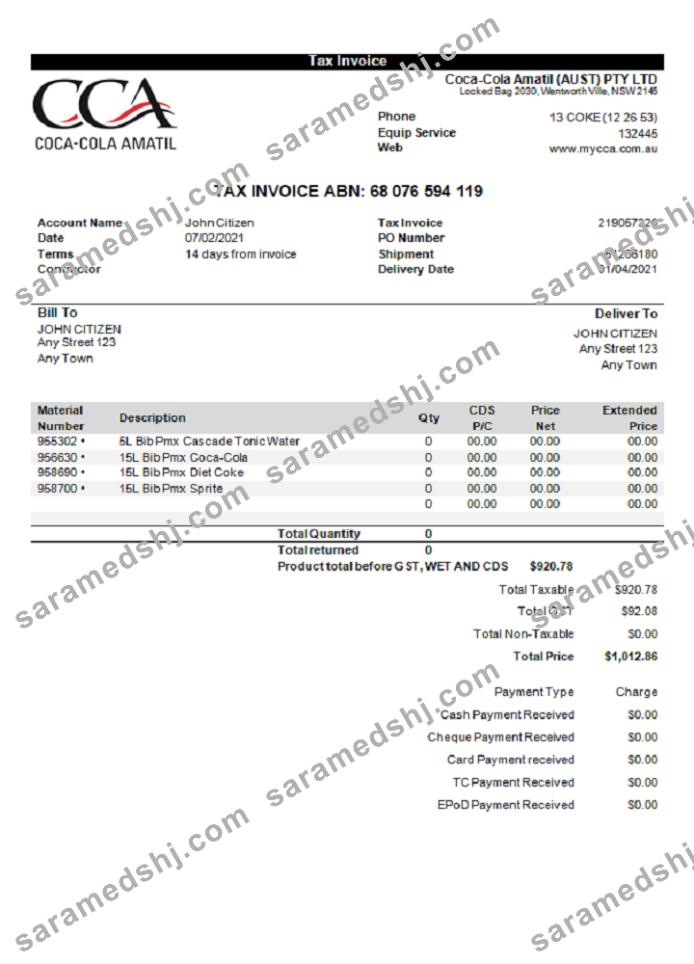 USA Coca-Cola invoice